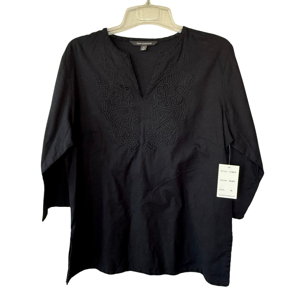 NEW! Soho Compagnie Size 1X Black Cotton V Neck Blouse size 1X